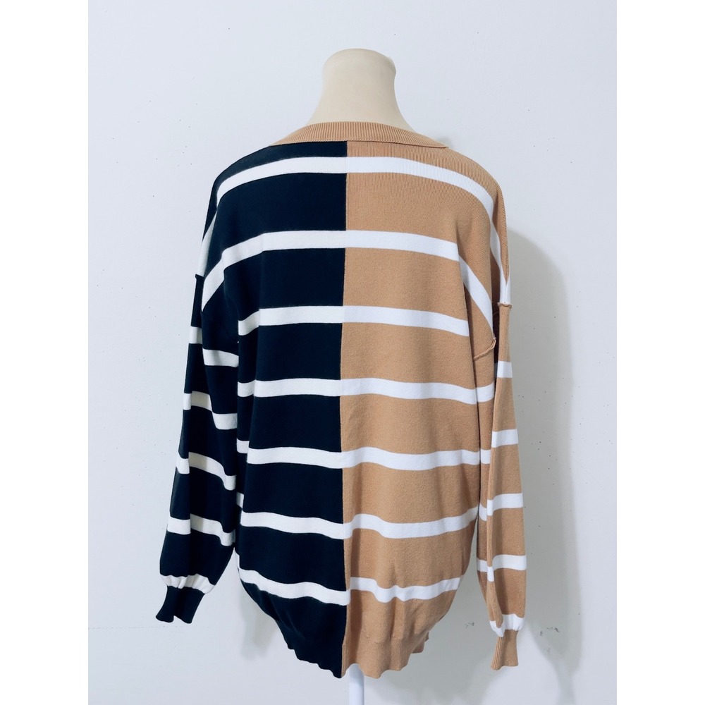 Colorblock Striped Crewneck Sweater S Black Camel Preppy Nautical Oversize - Picture 7 of 9